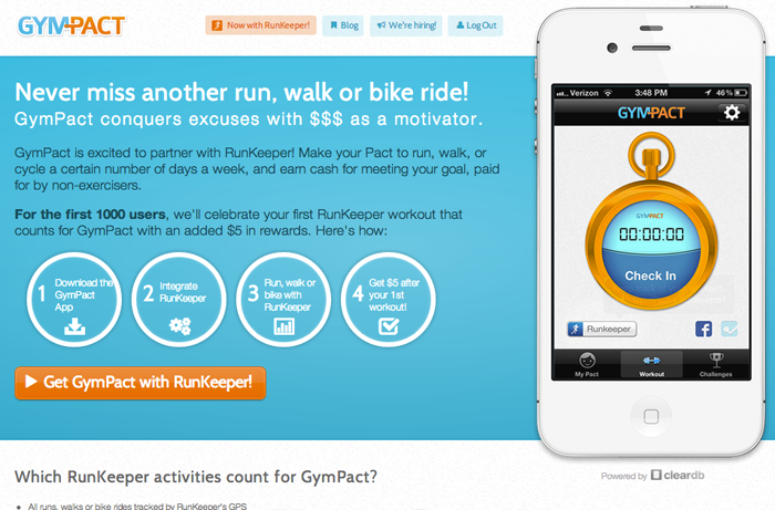 gympact landing page for RunKeeper